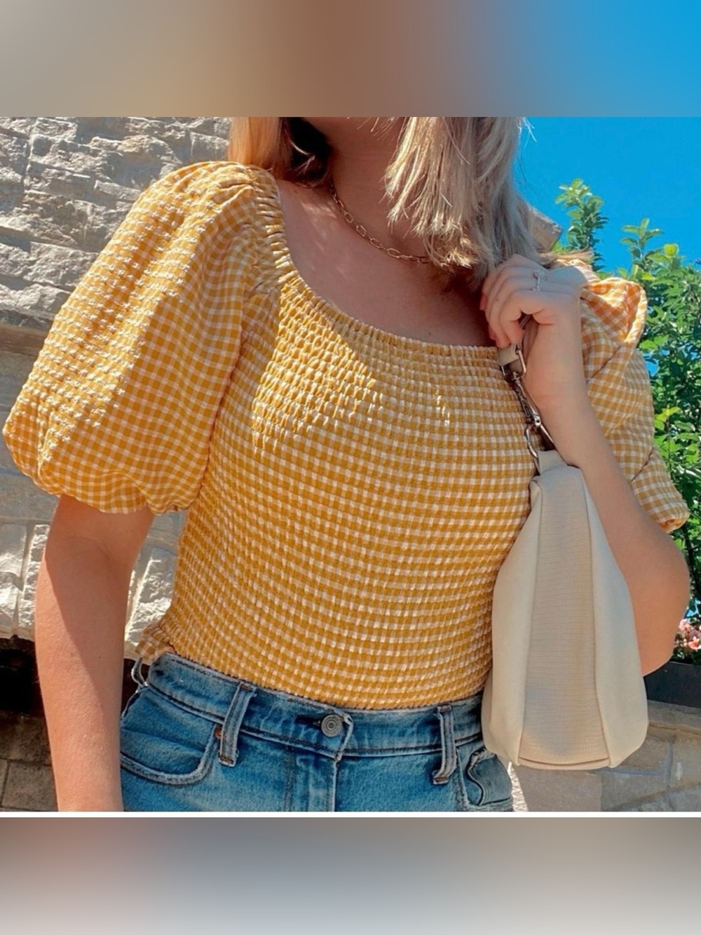 BB Dakota Yellow Gingham Smocked Puff Sleeve Top
